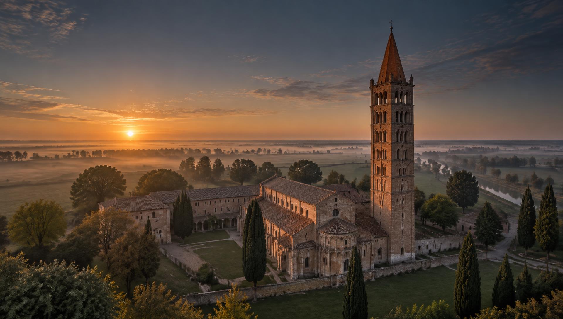 Veduta aerea dell’Abbazia di Pomposa all’alba